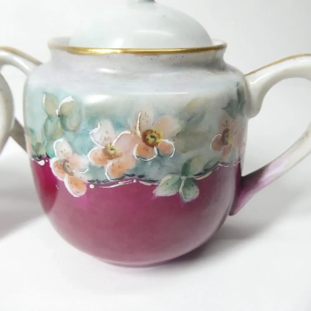 Creamer & Sugar Bowl Vintage Porcelain Floral Handpainted Signed Occupied Japan